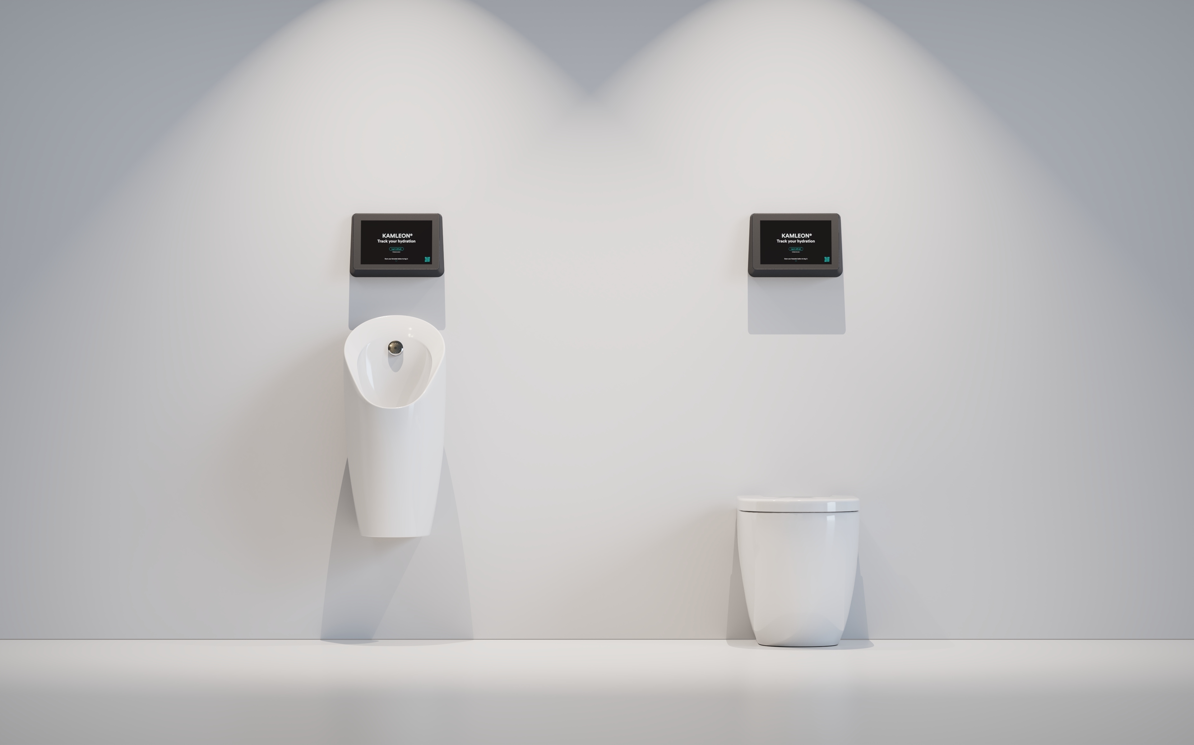 Studio render of the Kamleon smart urinal and toilet, each fitted with a wall-mounted hydration display