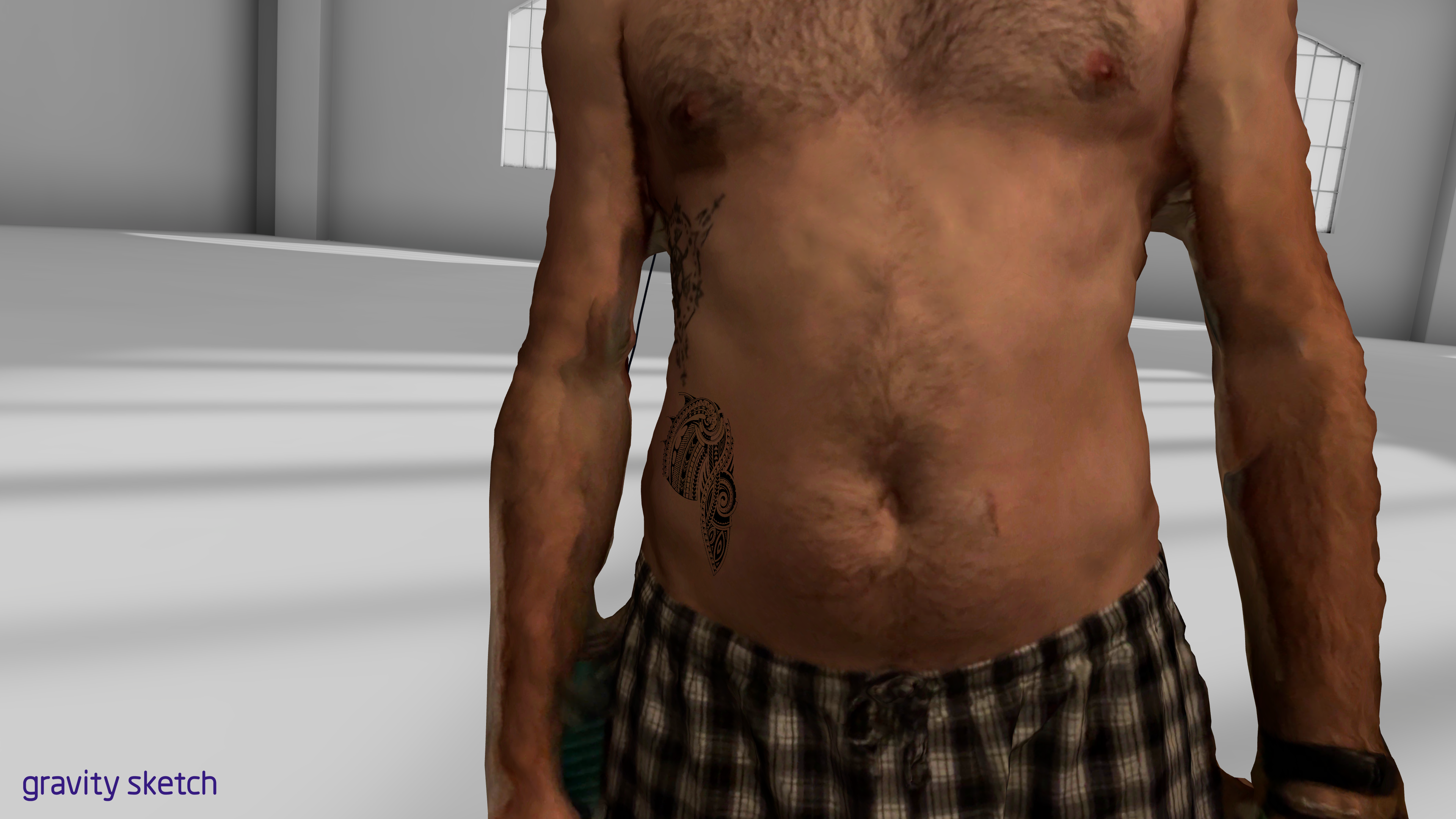Tattoo design previewed on a 3D body scan in Gravity Sketch