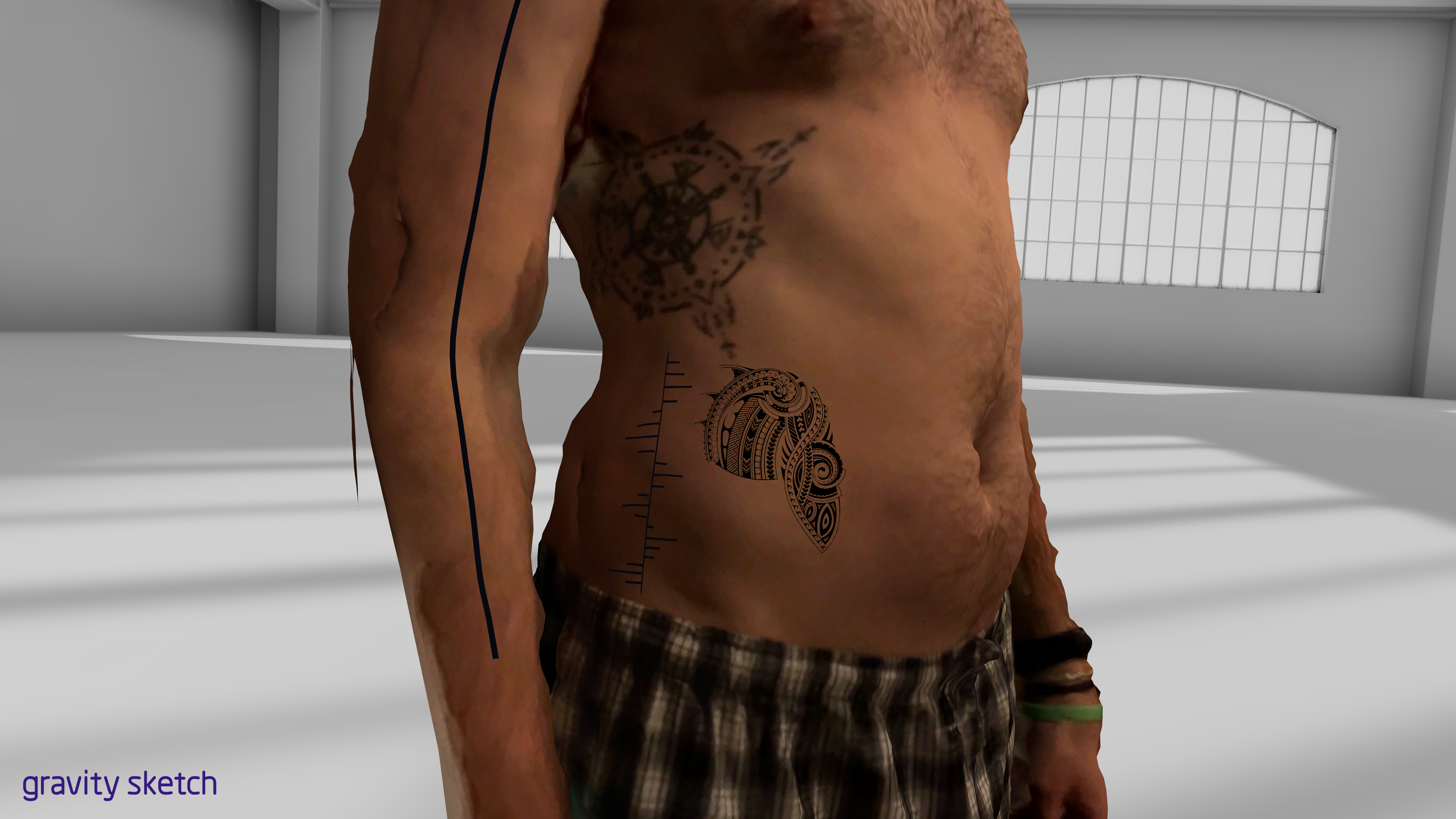 Tattoo design measured against the body with the ruler tool