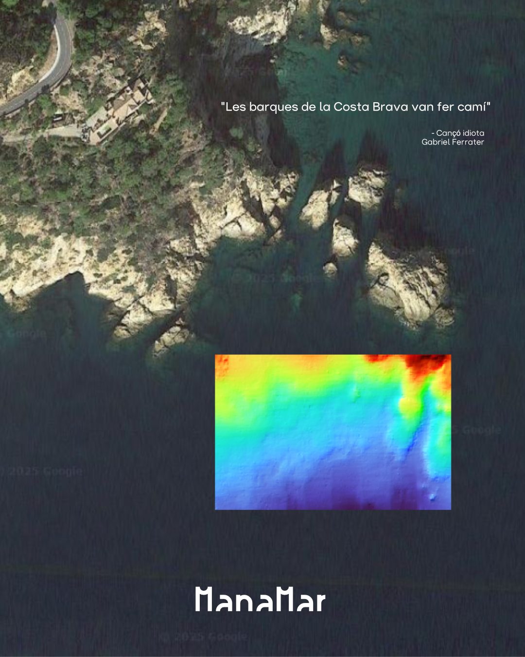 Depth data overlaid on a coastline photo near Es Palomar