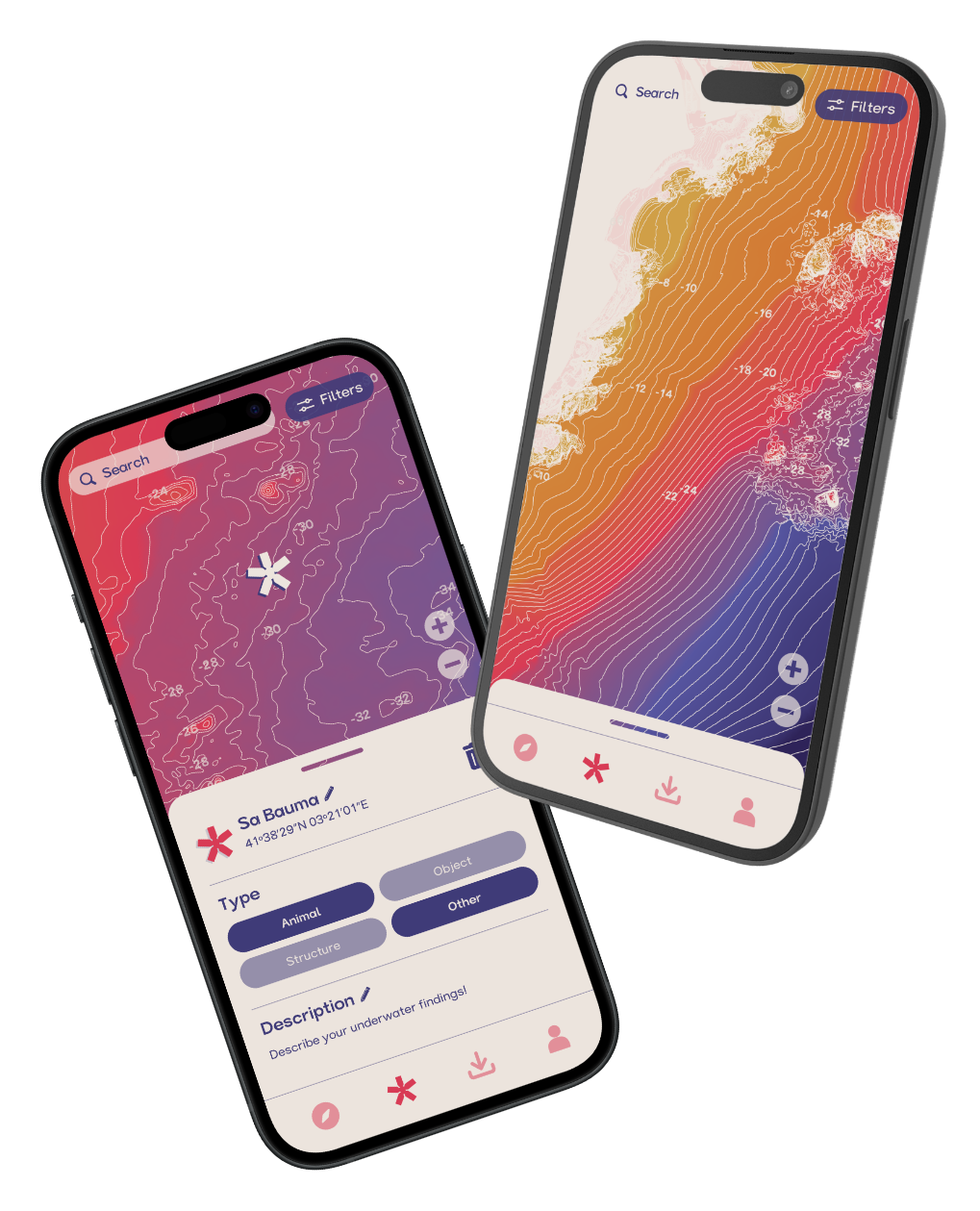 Two phones showing the ManaMar app: a depth-contour underwater map and a logged point of interest